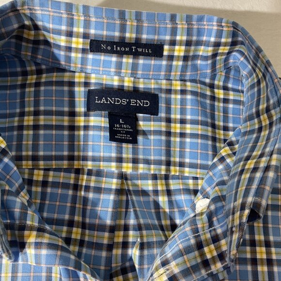 Lands End Mens No Iron Twill Plaid Button-Down Shirt Blue Yellow Size L - Picture 4 of 7